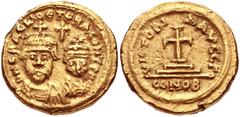 Heraclius, with Heraclius Constantine. 610-641. AV Solidus (14mm, 4.44 g, 7h). Carthage mint. Dated IY 3 (614/5). Crowned and draped facing busts of Heraclius and Heraclius Constantine; cross above / 
