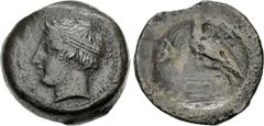 Greek SICILY, Akragas. Circa 400-380 BC. Æ Hemilitron (27mm, 18.05 g, 1h). Horned head of young river god Akragas left, wearing tainia / Eagle standing left, head right, on Ionic capital; crab to left