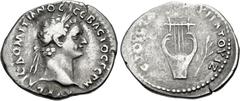 Roman Provincial KOINON OF LYCIA. Domitian. AD 81-96. AR Drachm (21mm, 3.21 g, 6h). Struck AD 95. Laureate head right / Lyre; laurel branch to right; IZ (date) in legend. RPC II 1502; BMC 6. Toned, po