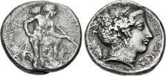 Greek SICILY, Segesta. Circa 405/2-400 BC. AR Tetradrachm (27.5mm, 17.42 g, 6h). The hero Egestes, nude, standing right, cap slung over shoulder and chlamys over left arm, resting left foot on rock; E