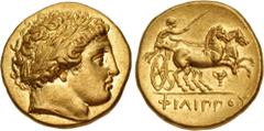Greek KINGS of MACEDON. temp. Philip II – Alexander III. Circa 340/36-328 BC. AV Stater (19mm, 8.60 g, 11h). In the name and types of Philip II. Pella mint. Laureate head of Apollo right / Charioteer,