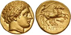 Greek KINGS of MACEDON. temp. Philip II – Alexander III. Circa 340/36-328 BC. AV Stater (18mm, 8.54 g, 2h). In the name and types of Philip II. Pella mint. Laureate head of Apollo right / Charioteer, 