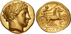 Greek KINGS of MACEDON. temp. Philip II – Alexander III. Circa 340/36-328 BC. AV Stater (18mm, 8.57 g, 6h). In the name and types of Philip II. Amphipolis mint. Laureate head of Apollo right / Chariot
