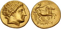Greek KINGS of MACEDON. Philip III Arrhidaios. 323-317 BC. AV Stater (19mm, 8.62 g, 12h). In the name and types of Philip II. Pella mint. Struck under Antipater or Polyperchon, circa 323-318/7 BC. Lau