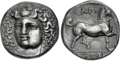 Greek THESSALY, Larissa. Circa 356-342 BC. AR Stater (22mm, 12.15 g, 12h). Head of the nymph Larissa facing slightly left, hair in ampyx / Bridled horse prancing right. L-S Type 2, Series B, dies O10/