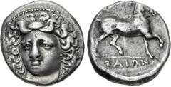 Greek THESSALY, Larissa. Circa 356-342 BC. AR Stater (23mm, 11.92 g, 6h). Head of the nymph Larissa facing slightly left, hair in ampyx / Bridled horse prancing right. L-S Type 2, Series B, dies O12/R