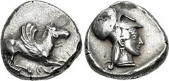 Greek CORINTHIA, Corinth. Circa 490-450 BC. AR Stater (19mm, 8.53 g, 8h). Pegasos flying right; koppa below / Helmeted head of Athena right within incuse square. Ravel Period II, Class 3, 241 (P137/T1