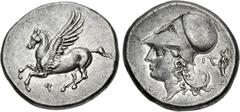 Greek CORINTHIA, Corinth. Circa 350/45-285 BC. AR Stater (21.5mm, 8.55 g, 5h). Pegasos flying left; koppa below / Helmeted head of Athena left; Δ-I flanking neck; to right, Athena Nikephoros standing 