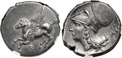 Greek CORINTHIA, Corinth. Circa 285-146 BC. AR Stater (21mm, 8.25 g, 1h). Pegasos flying left / Helmeted head of Athena left; to right, Nike flying left, holding fillet. Ravel Period VI, 1098; Pegasi 