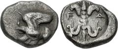 Greek ELIS, Olympia. 78th-80th Olympiad. 468-460 BC. AR Obol (10mm, 0.97 g, 12h). Eagle flying left, holding serpent in talons / Thunderbolt, with wings above, volutes below, within incuse circle. BCD