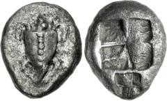 Greek CARIA or LYCIA, Uncertain coastal mint. Circa 525/0 BC. AR Stater (18mm, 11.44 g). Sea turtle, seen from above with head in profile, with row of dots down its back / Two quadripartite squares of