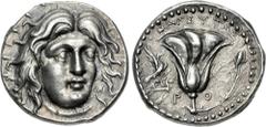Greek ISLANDS off CARIA, Rhodos. Rhodes. Circa 229-205 BC. AR Tetradrachm (24.5mm, 13.54 g, 11h). Tharsytas, magistrate. Radiate head of Helios facing slightly right / Rose with bud to right; to left,