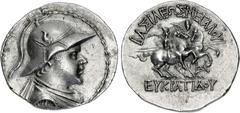 Oriental Greek BAKTRIA, Greco-Baktrian Kingdom. Eukratides I Megas. Circa 170-145 BC. AR Tetradrachm (35.5mm, 17.00 g, 12h). Helmeted, diademed, draped, and cuirassed bust right / The Dioskouroi, hold