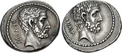 Roman Republican Q. Servilius Caepio (M. Junius) Brutus. 54 BC. AR Denarius (19.5mm, 4.15 g, 8h). Rome mint. Bare head of L. Junius Brutus right / Bare head of C. Servilius Ahala right. Crawford 433/2
