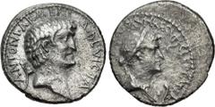 Roman Republican The Triumvirs. Mark Antony and Cleopatra. Autumn 34 BC. AR Denarius (18mm, 3.76 g, 12h). Alexandria mint(?). Bare head of Mark Antony right; Armenian tiara to left / Diademed and drap