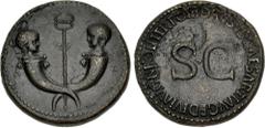 Roman Imperial Tiberius & Germanicus Gemellus. AD 19-37/8 and 19-23/4, respectively. Æ Sestertius (33.5mm, 25.22 g, 6h). Rome mint. Struck under Tiberius, AD 22-23. Crossed cornucopias, each surmounte