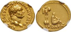 Roman Imperial Vespasian. AD 69-79. AV Aureus (19mm, 7.33 g, 7h). "Judaea Capta" commemorative. Rome mint. Struck circa 21 December AD 69-early 70. IMP CAESAR VESPASIANVS AVG, laureate head right / IV