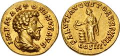 Roman Imperial Marcus Aurelius. AD 161-180. AV Aureus (18mm, 6.80 g, 6h). Rome mint. Struck under Marcus Aurelius and Lucius Verus, AD 163. Bareheaded, draped, and cuirassed bust right / Salus, draped