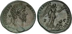 Roman Imperial Lucius Verus. AD 161-169. Æ Sestertius (32mm, 22.48 g, 11h). Rome mint. Struck under Marcus Aurelius and Lucius Verus, AD 164. Laureate head right / Victory standing right, holding trop