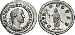 Roman Imperial Gordian I. AD 238. AR Denarius (20mm, 3.18 g, 7h). Rome mint. Struck 1-22 April. Laureate, draped, and cuirassed bust right / Gordian I, togate, standing left, holding branch in raised 