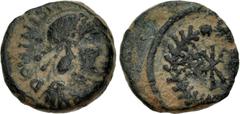 Roman Imperial Bonifatius. Comes Africae, AD 422-431. Æ (9mm, 0.92 g, 7h). Carthage mint. Struck circa AD 425-circa 430. DOMINIS NO[S TRIS], pearl-diademed, draped, and cuirassed bust right / Rudiment