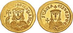 Byzantine Nicephorus I, with Stauracius. 802-811. AV Solidus (22.5mm, 4.43 g, 6h). Constantinople mint. Struck 803-811. Crowned facing bust of Nicephorus, wearing chlamys, holding cross potent and aka