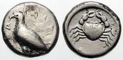 SICILY, Akragas Estimate $300 SICILY, Akragas. Circa 510-500 BC. AR Didrachm (8.55 gm). Eagle standing left / Crab. Jenkins, The Coinage of Gela, Group Ib, pl. 37, 3 (same reverse die); SNG ANS 915 (s