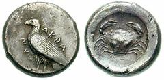 SICILY, Akragas Estimate $500 SICILY, Akragas. Circa 510-480 BC. AR Didrachm (8.74 gm). Eagle standing left / Crab. Jenkins, The Coinage of Gela, Group III; SNG ANS 937 (same dies). Toned VF/Good VF. 