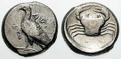 SICILY, Akragas Estimate $500 SICILY, Akragas. Circa 510-480 BC. AR Didrachm (8.39 gm). Eagle standing left / Crab. Jenkins, The Coinage of Gela, Group IV; SNG ANS 952 (same obverse die). VF. ($500)