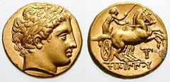MACEDON, Kings of. Philip II Estimate $3000 MACEDON, Kings of. Philip II. 359-336 BC. AV Stater (8.61 gm). Pella mint. Circa 323-315 BC. Laureate head of Apollo right / Charioteer driving biga right, 