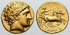 MACEDON, Kings of. Philip II Estimate $1500 MACEDON, Kings of. Philip II. 359-336 BC. AV Stater (8.62 gm). Pella mint. Circa 323-315 BC. Laureate head of Apollo right / Charioteer driving biga right, 