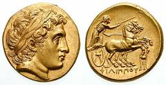 MACEDON, Kings of. Philip II Estimate $4000  MACEDON, Kings of. Philip II. 359-336 BC. AV Stater (8.54 gm). Kolophon mint. Struck 323-319 BC. Laureate head of Apollo right with the features of Alexand