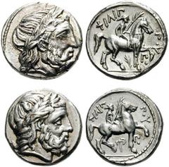 MACEDON, Kings of. Philip II Estimate $400 MACEDON, Kings of. Philip II. 359-336 BC. Lot of Two AR Tetradrachms. Both Amphipolis mint. Struck 323-315 BC. Laureate head of Zeus right / Youth on horseba