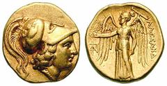 MACEDON, Kings of. Alexander III Estimate $1500  MACEDON, Kings of. Alexander III. 336-323 BC. AV Stater (8.55 gm). Tarsos mint? Struck 327-323 BC. Helmeted head of Athena right; griffin on helmet / N