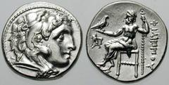 MACEDON, Kings of. Philip III Estimate $250  MACEDON, Kings of. Philip III. 323-317 BC. AR Drachm (4.40 gm). Kolophon mint. Struck 323-319 BC. Head of Herakles right, wearing lion's skin headdress / Z