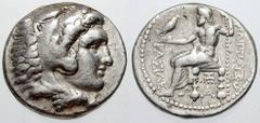 MACEDON, Kings of. Philip III Estimate $250  MACEDON, Kings of. Philip III. 323-317 BC. AR Tetradrachm (17.16 gm). Laodicea ad Mare mint. Head of Herakles right, wearing lion's skin headdress / Zeus s