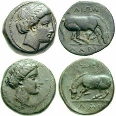 THESSALY, Larissa Estimate $200  THESSALY, Larissa. Circa 400-344 BC. Lot of 2 AE's. Includes: Head of a nymph right / Horse standing right, about to roll. SNG Copenhagen 142 // Head of a nymph right 