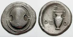 BOEOTIA, Thebes Estimate $200 BOEOTIA, Thebes. Circa 395/390-338 BC. AR Stater (11.72 gm). Boeotian shield / Amphora; QE left, OG right, caduceus above. Hepworth, "The 4th Century BC Magistrate Coinag