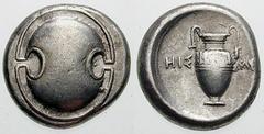 BOEOTIA, Thebes Estimate $300 BOEOTIA, Thebes. Circa 395/390-338 BC. AR Stater (12.03 gm). Boeotian shield / Amphora; HIS left, ME right. Hepworth, "The 4th Century BC Magistrate Coinage of the Boioti