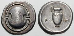 BOEOTIA, Thebes Estimate $1250 BOEOTIA, Thebes. Circa 395/390-338 BC. AR Stater (11.86 gm). Boeotian shield / Amphora; KL left, IW right. Hepworth, "The 4th Century BC Magistrate Coinage of the Boioti
