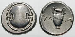 BOEOTIA, Thebes Estimate $300 BOEOTIA, Thebes. Circa 395/390-338 BC. AR Stater (12.28 gm). Boeotian shield / Amphora; KL left, IW right. Hepworth, "The 4th Century BC Magistrate Coinage of the Boiotia