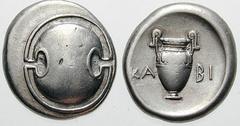 BOEOTIA, Thebes Estimate $300 BOEOTIA, Thebes. Circa 395/390-338 BC. AR Stater (12.06 gm). Boeotian shield / Amphora; KA left, BI right. Hepworth, "The 4th Century BC Magistrate Coinage of the Boiotia