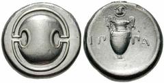 BOEOTIA, Thebes Estimate $300 BOEOTIA, Thebes. Circa 395/390-338 BC. AR Stater (11.81 gm). Boeotian shield / Amphora with Boeotian shield above; EP left, PA right. Hepworth, "The 4th Century BC Magist