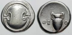 BOEOTIA, Thebes Estimate $250 BOEOTIA, Thebes. Circa 395/390-338 BC. AR Stater (12.11 gm). Boeotian shield / Amphora; QE left, O[P] right. Hepworth, "The 4th Century BC Magistrate Coinage of the Boiot