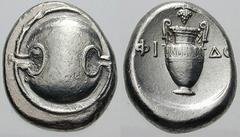 BOEOTIA, Thebes Estimate $400 BOEOTIA, Thebes. Circa 395/390-338 BC. AR Stater (11.92 gm). Boeotian shield / Amphora; FI left, ÐO right, grape vine with cluster of grapes above. Hepworth, "The 4th Cen