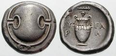 BOEOTIA, Thebes Estimate $400 BOEOTIA, Thebes. Circa 395/390-338 BC. AR Stater (12.31 gm). Boeotian shield / Amphora; EY/P left, FA/A right, club and grapes above. Hepworth, "The 4th Century BC Magist