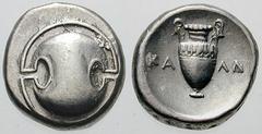 BOEOTIA, Thebes Estimate $400 BOEOTIA, Thebes. Circa 395/390-338 BC. AR Stater (12.23 gm). Boeotian shield / Amphora; KA left, LLI right. Hepworth, "The 4th Century BC Magistrate Coinage of the Boioti