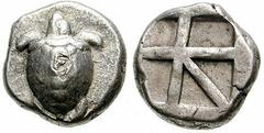 AEGINA Estimate $400  AEGINA. Circa 480-457 BC. AR Stater (12.40 gm). T-back turtle; turtle's head seen in profile; c/m: uncertain / Large skew pattern incuse. SNG Delepierre 1522-1526 and 1758-1773; 