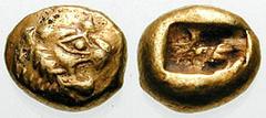 LYDIA, Kings of. Uncertain King. Estimate $750 LYDIA, Kings of. Uncertain King. Before 561 BC. EL Third Stater - Trite (4.68 gm). Head of roaring lion right, knob with four rays on forehead / Double i