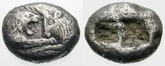 LYDIA, Kings of. Time of Kroisos. Estimate $300 LYDIA, Kings of. Time of Kroisos. Circa 561-546 BC. AR Stater (Double Siglos) (9.82 gm). Confronted foreparts of lion and bull / Double incuse punch. Ro